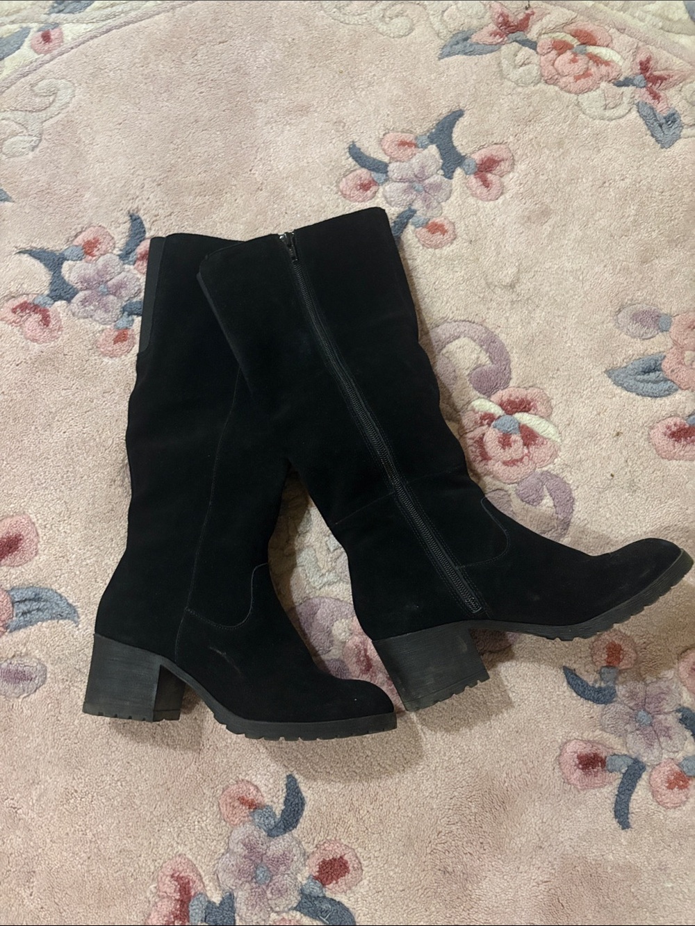 Women’s Black Suede Mid-Calf Block Heel Boots - Unbranded
